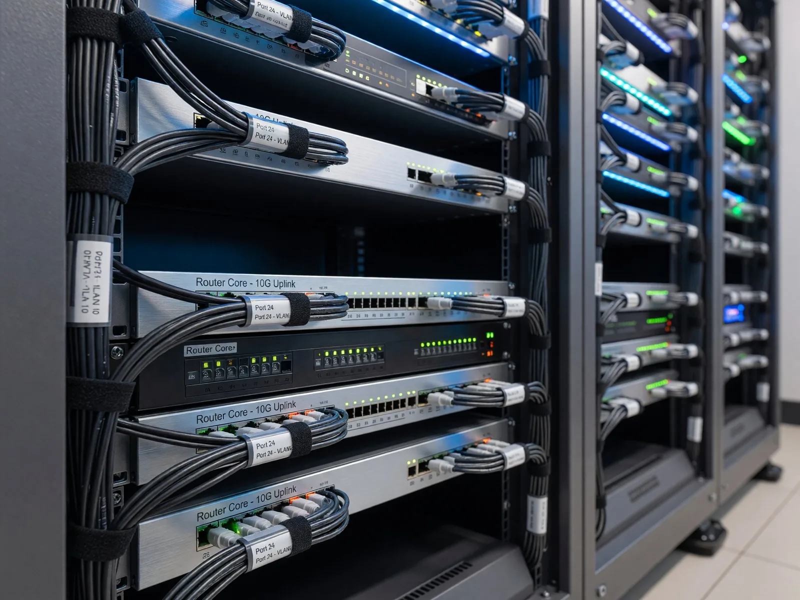 ラック内に設置されたセキュリティ対応のネットワーク機器